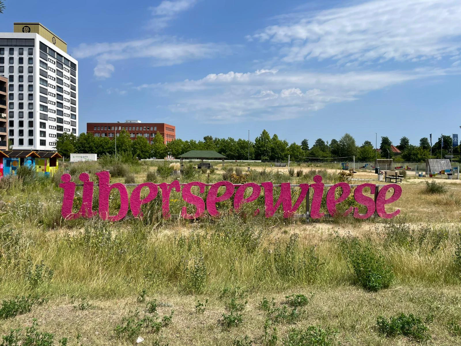 Gro&szlig;es pinkfarbenes Schriftzug '&uuml;berseewiese' auf einer Wiese mit hohem Gras vor einem mehrst&ouml;ckigen wei&szlig;en Geb&auml;ude und B&auml;umen im Hintergrund