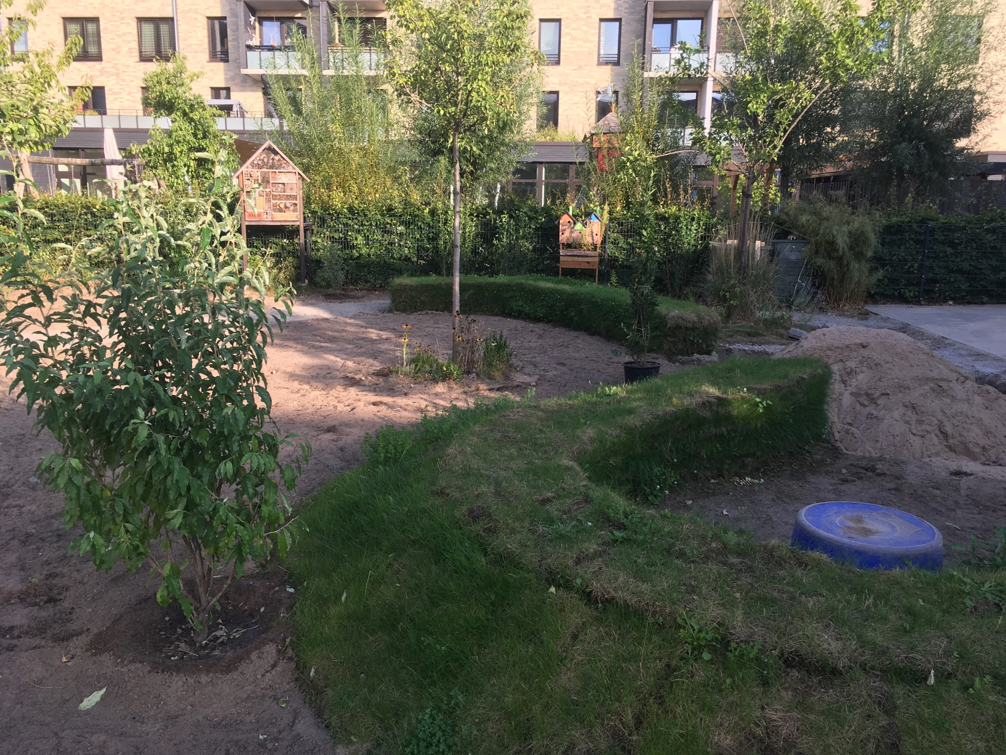Zu sehen ist der Blauhausgarten: Eine bewachsene Sitzgelegenheit aus Gras, sowie einige B&auml;ume und im Hintergrund ein Insektenhotel.