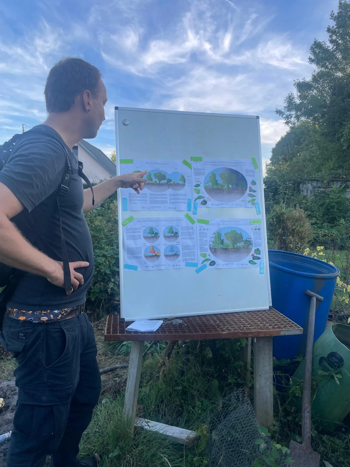 Zu sehen ist einen Person, die auf eine Tafel zeigt mit verschiedenen Plakaten. Auf den Plakaten kann man Grafiken erkennen, die das Prinzip Waldgarten erklären.