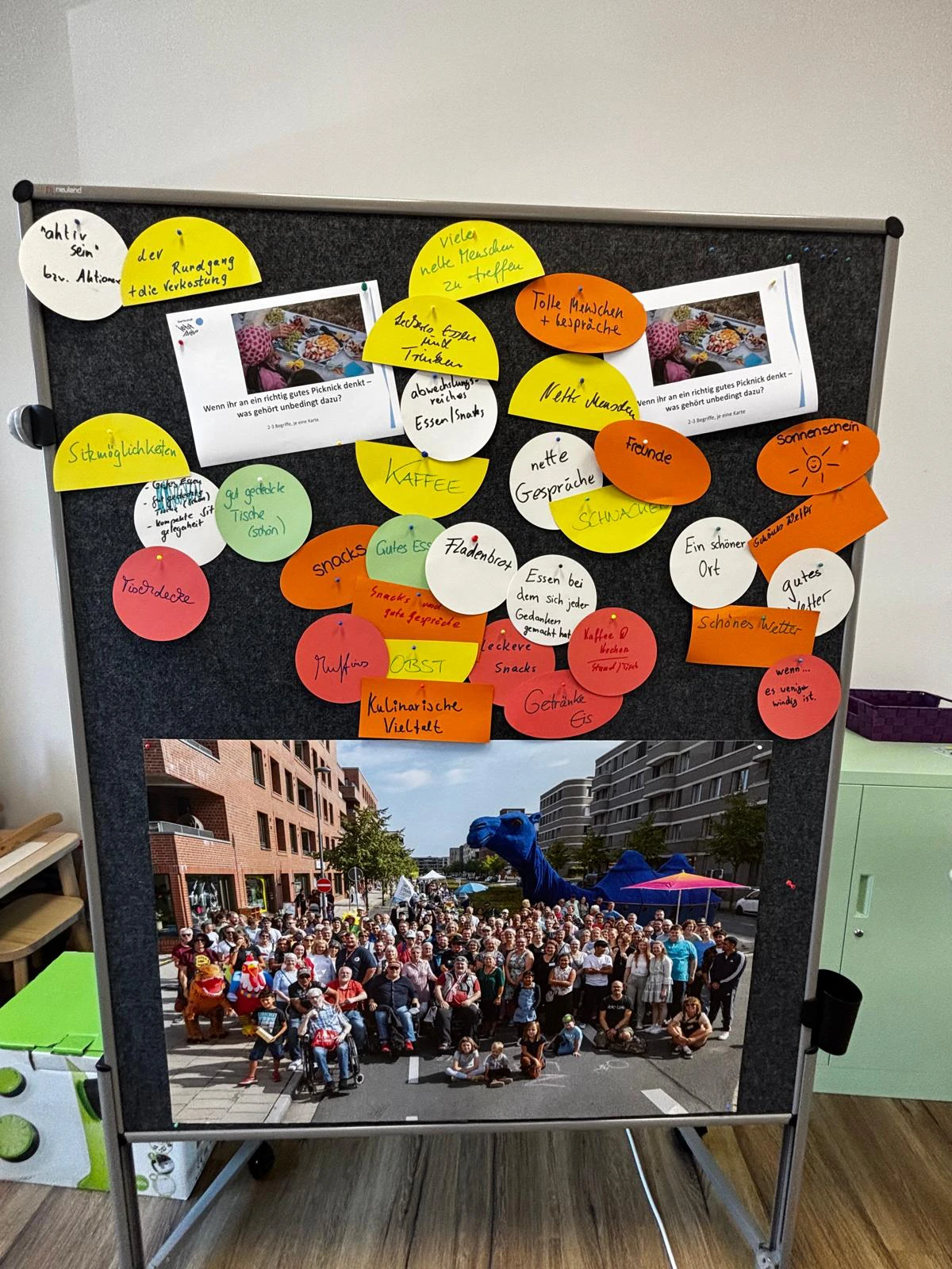 Eine Pinnwand steht in einem Innenraum. Im oberen Bereich sind zahlreiche bunte, handbeschriftete Moderationskarten in Kreis- und Wolkenform angepinnt. Die Karten sind in Gelb, Orange, Rot und Gr&uuml;n gehalten und enthalten kurze, gut lesbare Stichworte und Begriffe. Zwei ausgedruckte Farbfotos mit Text sind ebenfalls befestigt. Im unteren Bereich der Pinnwand ist ein gro&szlig;es Farbfoto angebracht, das eine gro&szlig;e Gruppe von Menschen im Freien vor modernen Geb&auml;uden zeigt. Die Szene wirkt wie eine Dokumentation eines Treffens oder einer Veranstaltung.