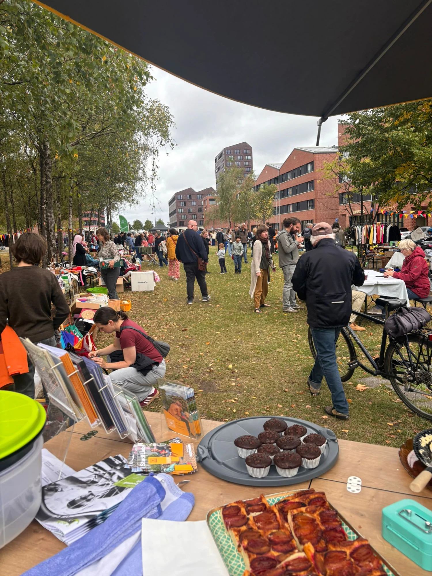 Blick von einem Kuchenstand mit gedecktem Tisch und Kuchen im Vordergrund auf eine Menschenmenge bei einem Markt im Freien