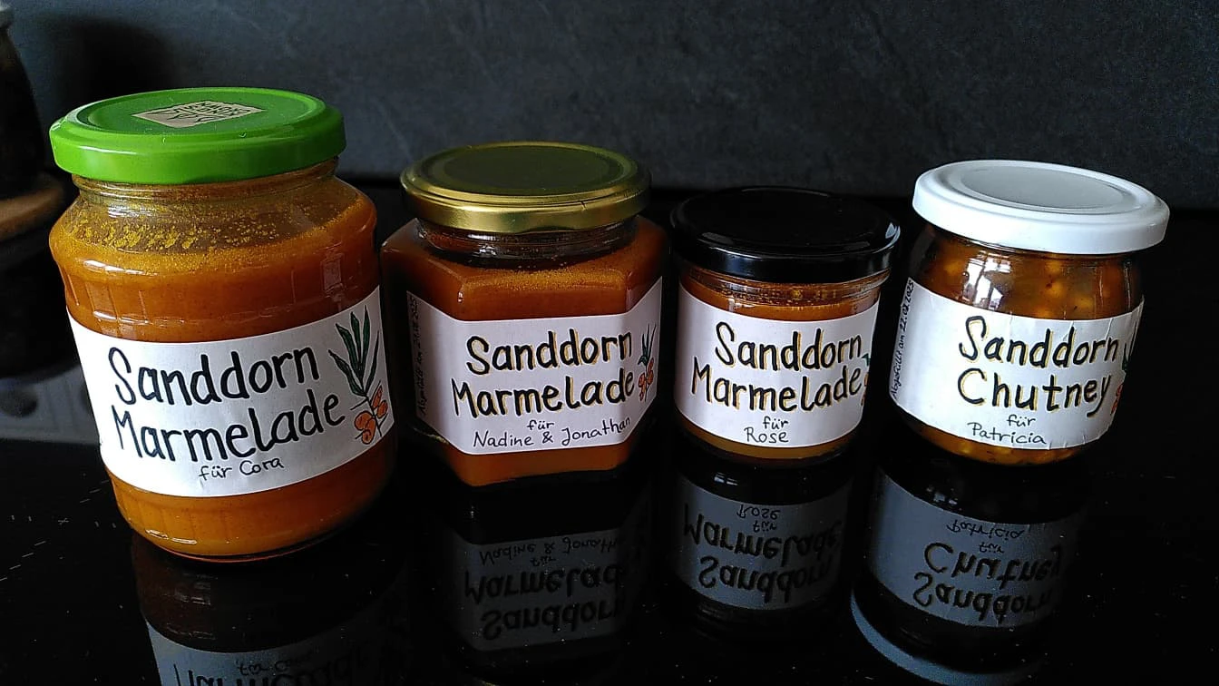 Zu sehen sind 4 Einmachgläser mit folgender Beschriftung: Sandorn Marmelade