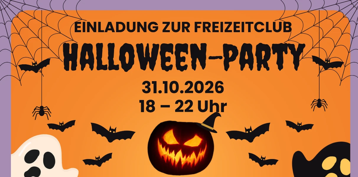 Halloween-Party-Einladung mit Spinnennetzen, Flederm&auml;usen, einem K&uuml;rbisgesicht, einem Geist und einem Skelettkopf auf orangefarbenem Hintergrund