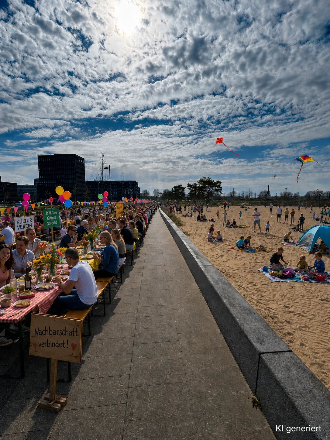 Lange Tafel mit Menschen bei einem Nachbarschaftstreffen neben einem Sandstrand mit spielenden Kindern und fliegenden Drachen unter bew&ouml;lktem Himmel