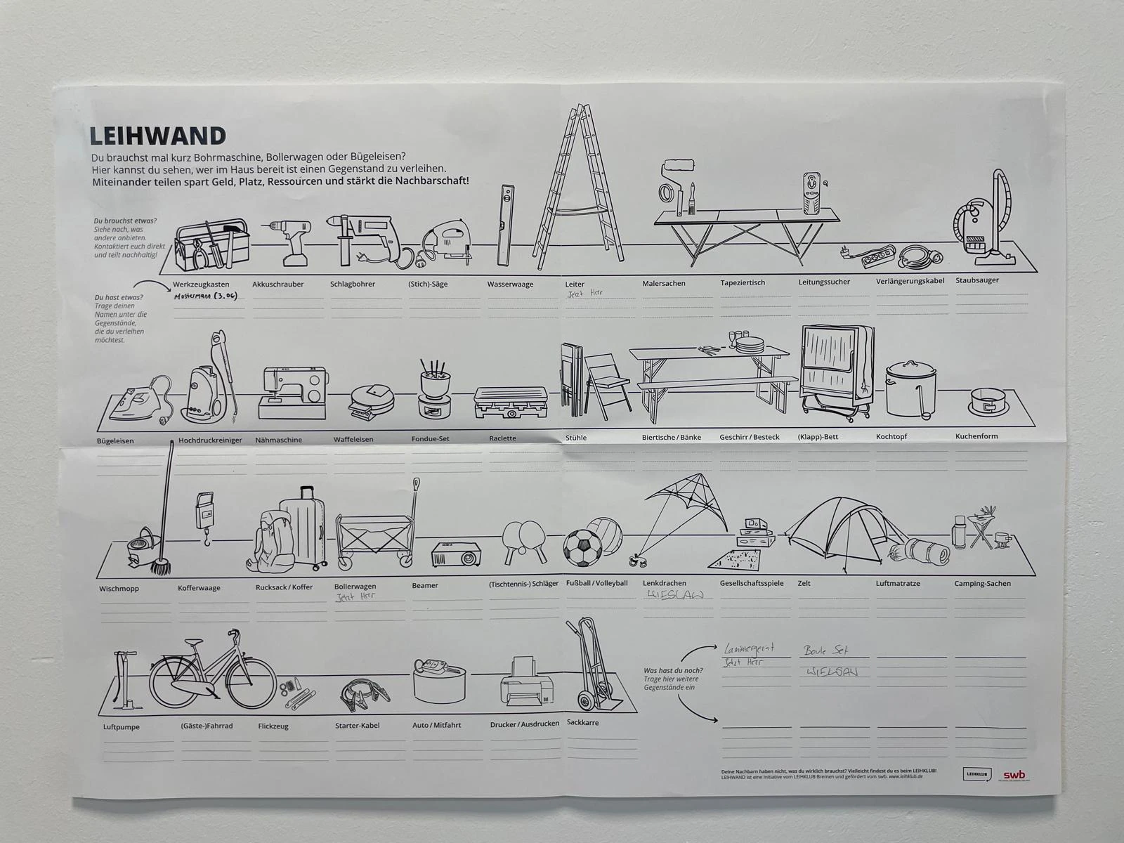 Zu sehen ist das Plakat Leihwand. Darauf sind grafische Zeichnungen von verschiedenen Gegenständen wie zB. einer Leiter, Bohrmaschine und co. Darunter sind leere Zeilen, in die man sich eintragen kann. Zudem gibt es weitere freie Felder.