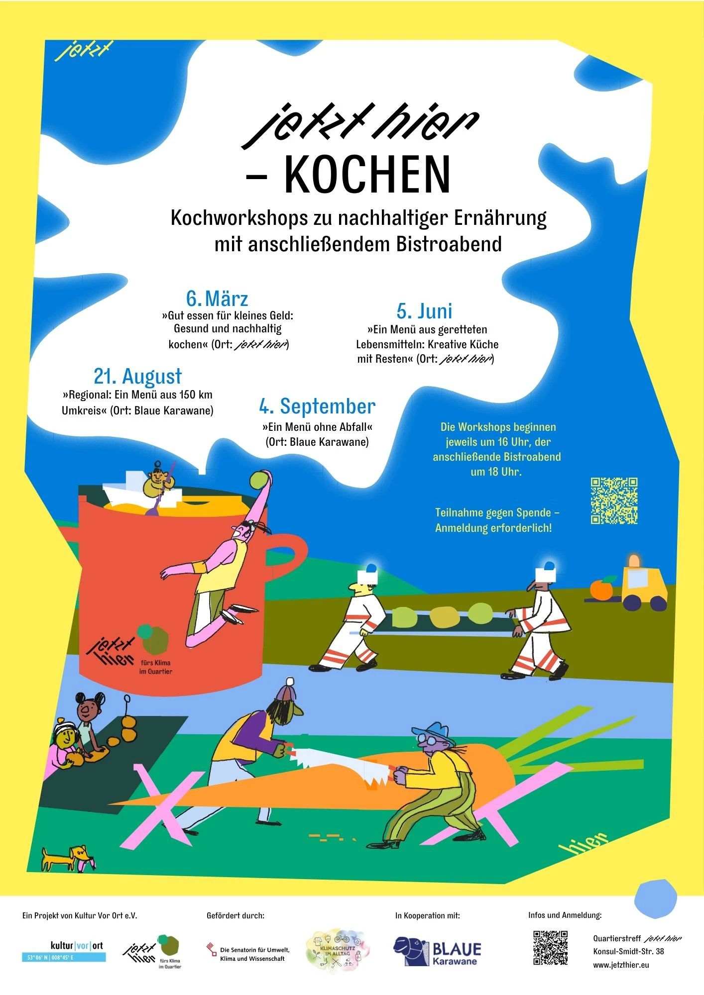 Zu sehen ist das Plakat f&uuml;r die Veranstaltung: Ein gelber Rahmen und witzige Illustrationen: ein Kochtopf, M&auml;nnchen, die eine M&ouml;hre schneiden und co.