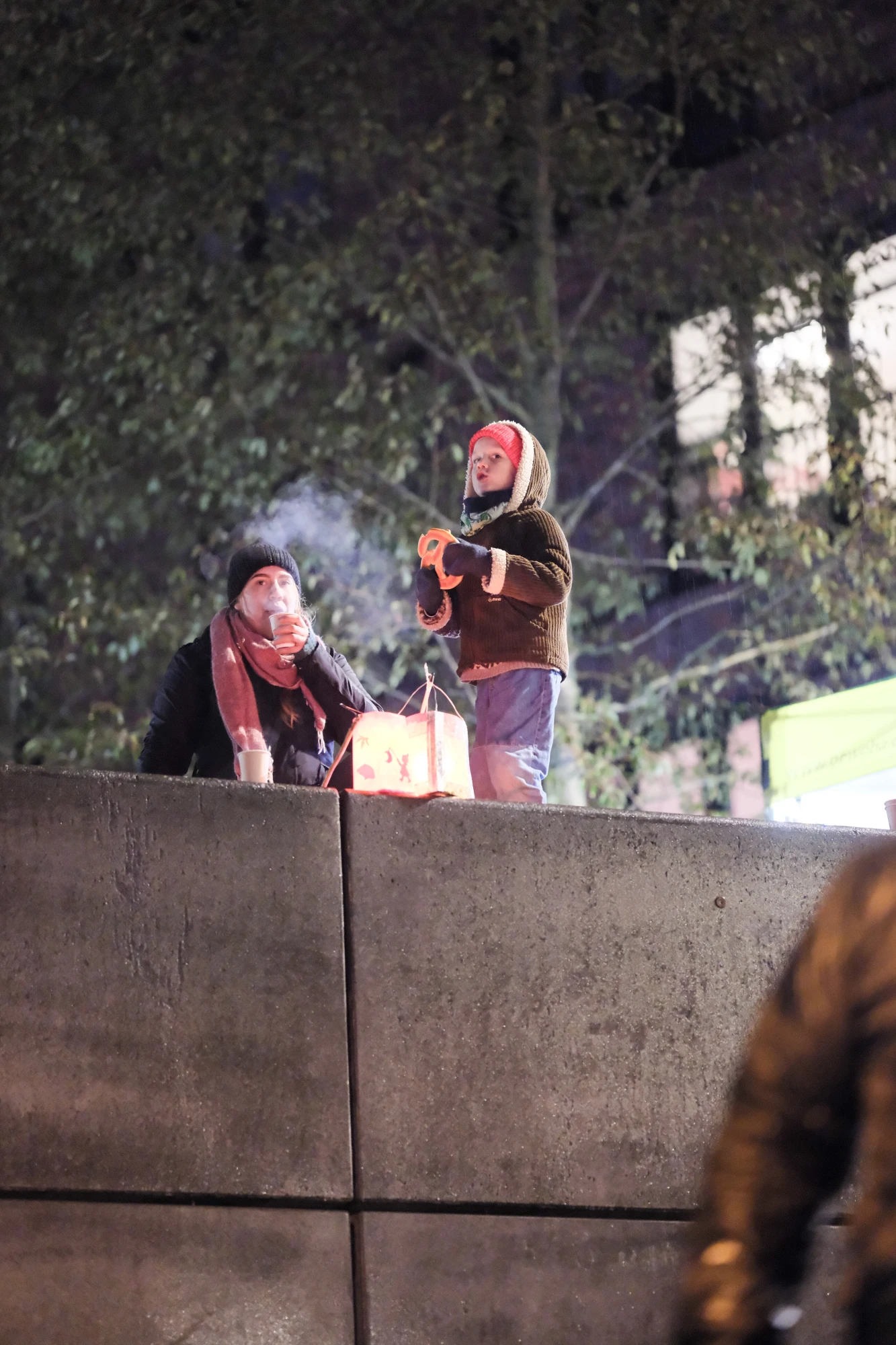 Kind mit roter Mütze und brauner Jacke hält Laterne, steht auf Mauer neben Erwachsenem mit rotem Schal und schwarzer Jacke.