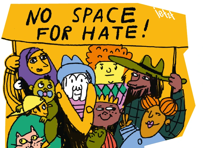 Kein Platz für Hass! Dafür steht die Überseestadt zusammen! Mit bunten Illustrationen und Aktionen!